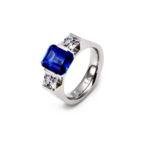 RG208BL B.Tiff 3-Stone 3 ct Blue Emerald Cut Engagement Ring