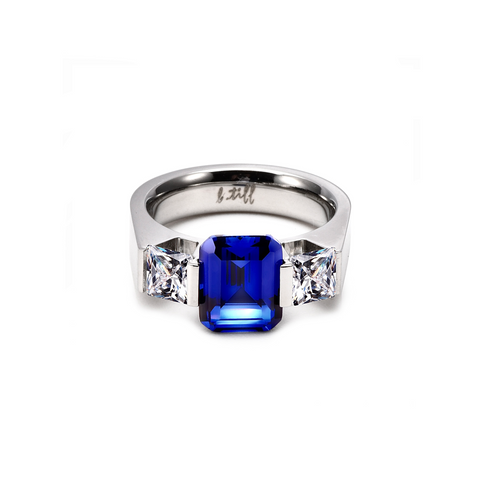 RG208BL B.Tiff 3-Stone 3 ct Blue Emerald Cut Engagement Ring