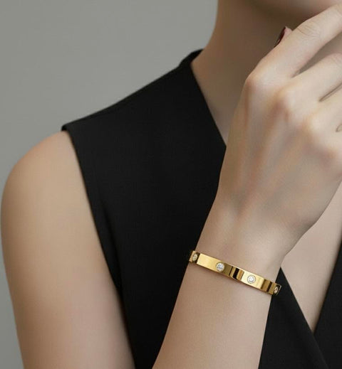 BG808GP B.Tiff 8-Stone Bold High Polish Gold Plated Stainless Steel Bangle Bracelet