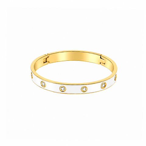 BG808EWG B.Tiff 8-Stone Bold White Enameled Gold Plated Stainless Steel Bangle Bracelet