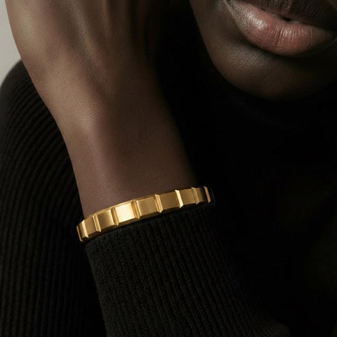 BG611G B.Tiff Simplicity Matte Box Cut Adjustable Gold Plated Stainless Steel Bangle Cuff