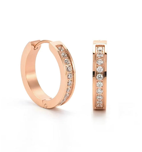 ER433RG B.Tiff Pave 20-Stone Rose Gold Plated Stainless Steel Hoop Earrings
