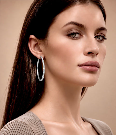 ER322W B.Tiff Pave 146-Stone Big Stainless Steel Hoop Earrings