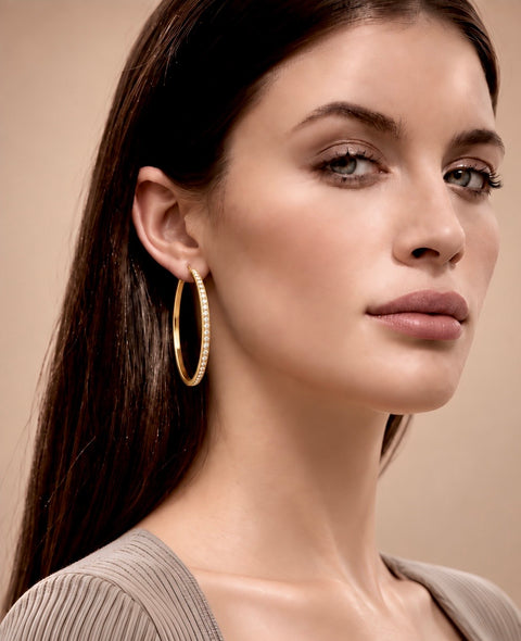 ER322G B.Tiff Pave 146-Stone Big Gold Plated Stainless Steel Hoop Earrings