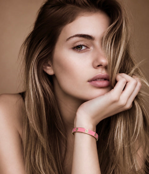 BG808EPG B.Tiff 8-Stone Bold Pink Enameled Gold Plated Stainless Steel Bangle Bracelet