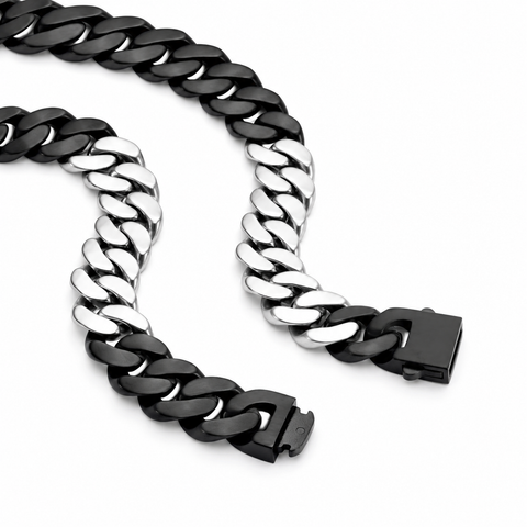 C160BW B.Tiff 2-Tone Black & Stainless Steel Flat Cuban Link Necklace/ 16mm