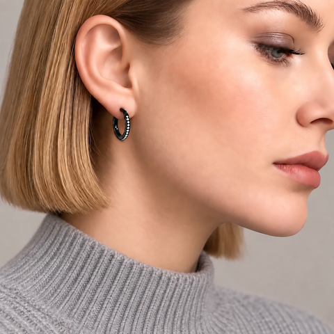 ER310B B.Tiff Pavé 28-Stone Classic Black Anodized Titanium Stainless Steel Small Hoop Earrings