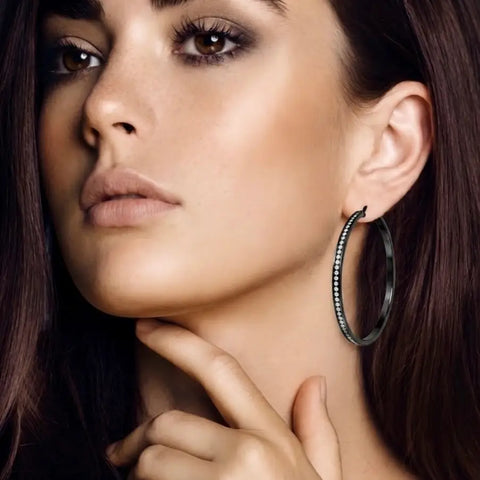 ER322B B.Tiff Pave 146-Stone Big Black Anodized Stainless Steel Hoop Earrings