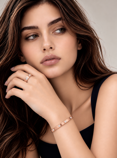 BG308RG B.Tiff 8-Stone Matte Rose Gold Plated Stainless Steel Star Bangle Bracelet