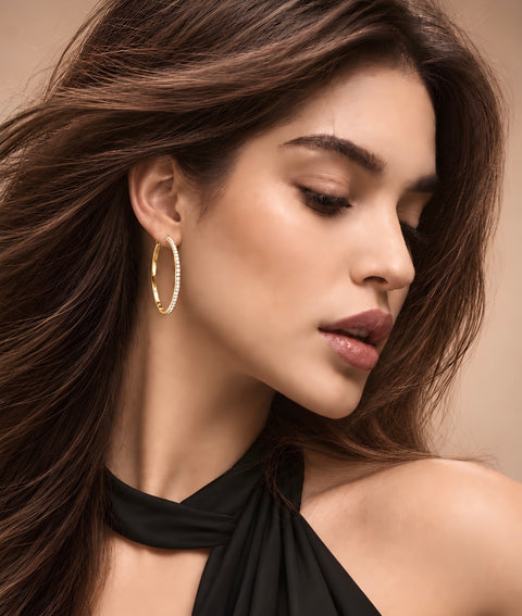 ER317G B.Tiff Pave 58-Stone Classic Gold Plated Stainless Steel Large Hoop Earrings