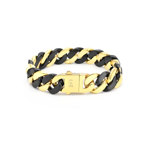 BG160BG B.Tiff Black Anodized & Gold Plated Flat Cuban Link Stainless Steel Bracelet