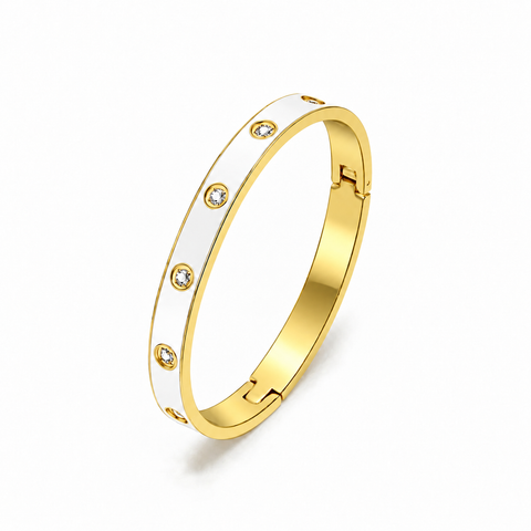 BG808EWG B.Tiff 8-Stone Bold White Enameled Gold Plated Stainless Steel Bangle Bracelet