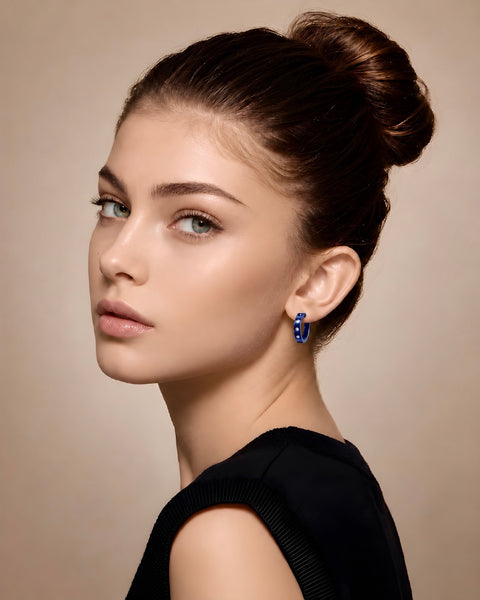 ER408BL B.Tiff Pavé 16-Stone Blue Sapphire Stainless Steel Hoop Earrings