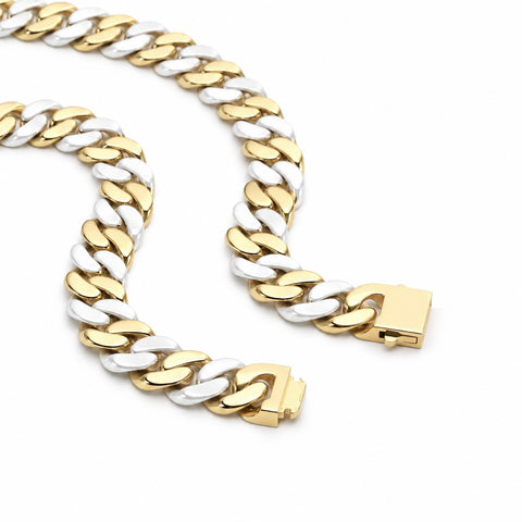 C160GW B.Tiff 2-Tone Gold Plated White Ceramic Flat Cuban Link Necklace/ 16mm
