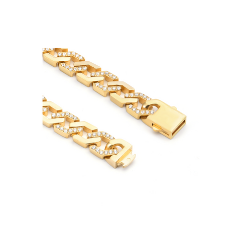 BG101G B.Tiff Pavé High Polish Flat Angular Cuban Link Gold Plated Stainless Steel Bracelet