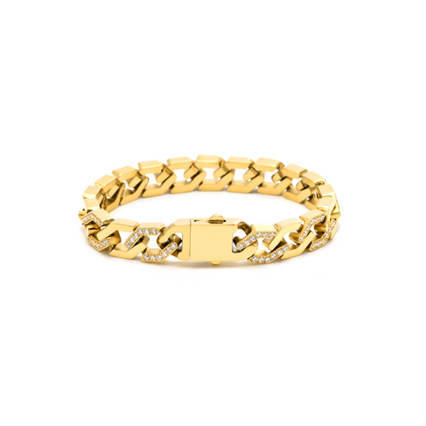 BG101G B.Tiff Pavé High Polish Flat Angular Cuban Link Gold Plated Stainless Steel Bracelet