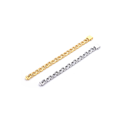 BG101G B.Tiff Pavé High Polish Flat Angular Cuban Link Gold Plated Stainless Steel Bracelet