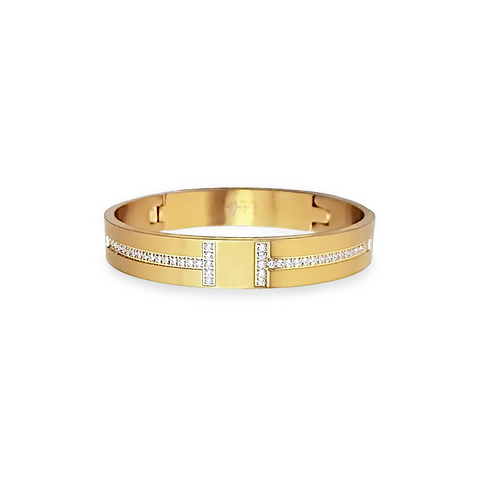 BG107G B.Tiff Pavé Row Harmony Gold Plated Stainless Steel Bangle Bracelet