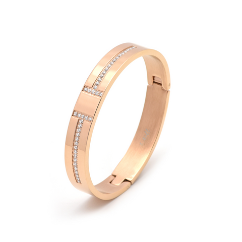 BG107RGP B.Tiff High Polish Pavé Rose Gold Plated Harmony Stainless Steel Bangle Bracelet