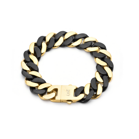BG160BG B.Tiff Black Anodized & Gold Plated Flat Cuban Link Stainless Steel Bracelet