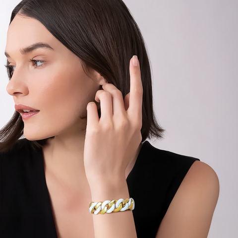 BG160GW B.Tiff 18K Gold Plated & White Ceramic Flat Cuban Link Bracelet