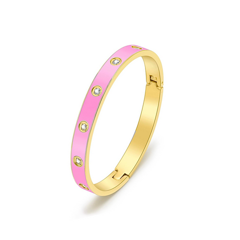 BG808EPG B.Tiff 8-Stone Bold Pink Enameled Gold Plated Stainless Steel Bangle Bracelet