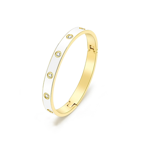 BG808EWG B.Tiff 8-Stone Bold White Enameled Gold Plated Stainless Steel Bangle Bracelet