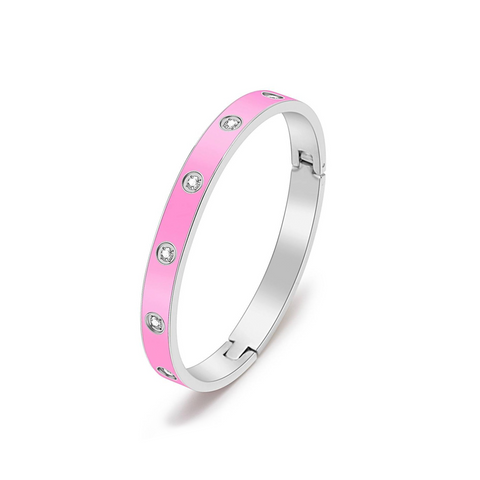 BG808EPW B.Tiff 8-Stone Bold Pink Enameled Stainless Steel Bangle Bracelet