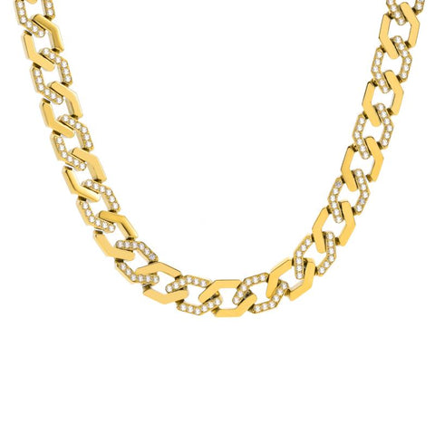 C101G B.Tiff Pave High Polish Gold Plated Flat Angular Cuban Link Stainless Steel Chain Necklace