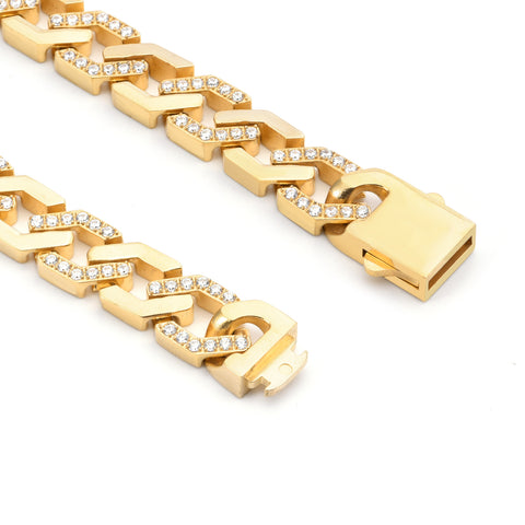 C101G B.Tiff Pave High Polish Gold Plated Flat Angular Cuban Link Stainless Steel Chain Necklace