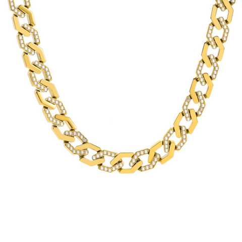 C101G B.Tiff Pave High Polish Gold Plated Flat Angular Cuban Link Stainless Steel Chain Necklace