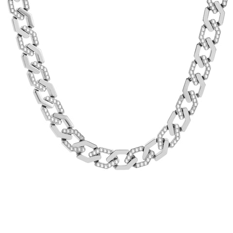 C101W B.Tiff Pave High Polish Flat Angular Cuban Link Stainless Steel Chain Necklace