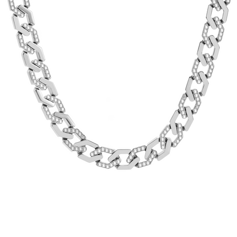 C101W B.Tiff Pave High Polish Flat Angular Cuban Link Stainless Steel Chain Necklace