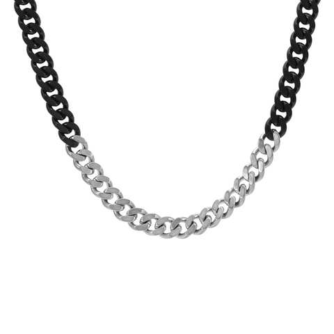 C138BW B.Tiff 8mm 2 Tone Matte Black Anodized & High Polish Stainless Steel Flat Cuban Link Necklace