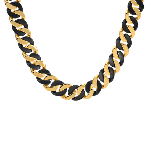 C160BG B.Tiff 16mm Black Anodized & Gold Plated Flat Cuban Link Stainless Steel Necklace