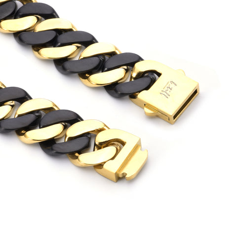 C160BG B.Tiff 16mm Black Anodized & Gold Plated Flat Cuban Link Stainless Steel Necklace