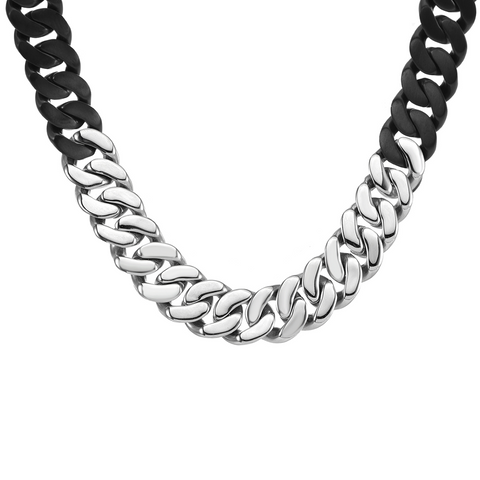 C160BW B.Tiff 16mm 2 Tone Balck Anodized & Stainless Steel Flat Cuban Link Necklace