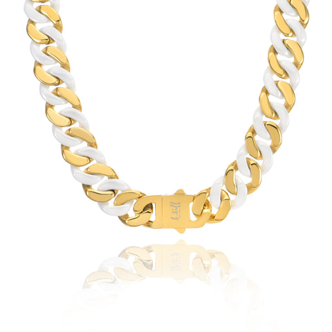 C160GW B.Tiff 16mm 18K Gold Plated & White Ceramic Flat Cuban Link Stainless Steel Necklace