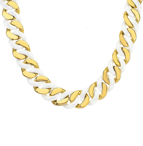 C160GW B.Tiff 16mm 18K Gold Plated & White Ceramic Flat Cuban Link Stainless Steel Necklace