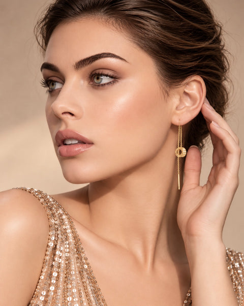 ER228G B.Tiff Thread Dangling Circle Gold Plated Stainless Steel Pave Earrings