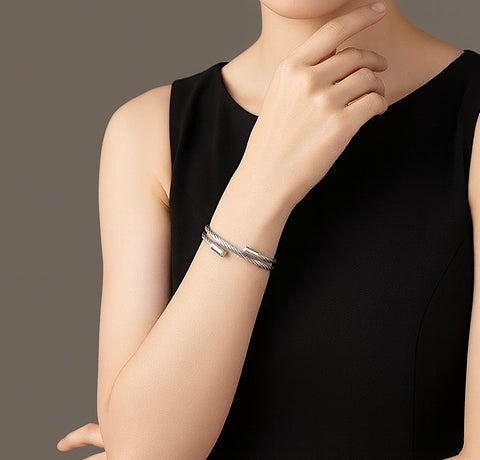 BG003W B.Tiff Double Wrapped Stainless Steel Cable Bangle Bracelet
