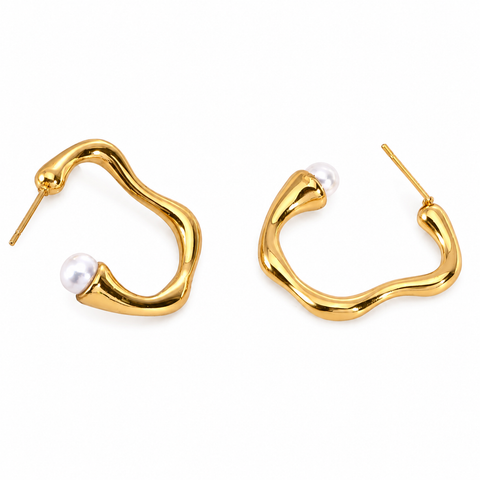ER082GP B.Tiff High Polish Rivière Freshwater Pearl Gold Plated Stainless Steel Earrings