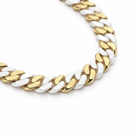 C160GW B.Tiff 2-Tone Gold Plated White Ceramic Flat Cuban Link Necklace/ 16mm