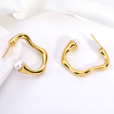 ER082GP B.Tiff High Polish Rivière Freshwater Pearl Gold Plated Stainless Steel Earrings