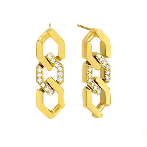 ER200G B.Tiff Gold Plated Pavé High Polish Flat Angular Cuban Link Stainless Steel Earrings