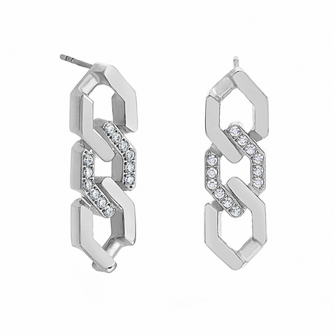 ER200W B.Tiff Pavé High Polish Flat Angular Cuban Link Stainless Steel Earrings