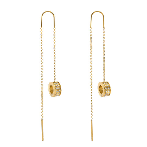 ER228G B.Tiff Thread Dangling Circle Gold Plated Stainless Steel Pave Earrings