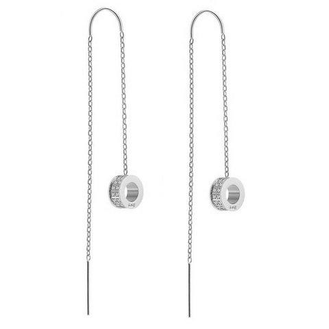 ER228W B.Tiff Thread Dangling Circle Stainless Steel Pave Earrings