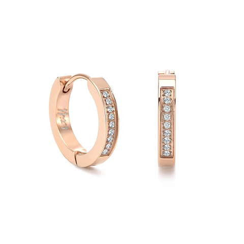 ER305RG B.Tiff 18-Stone Pave Rose Gold Plated Stainless Steel Hoop Earrings