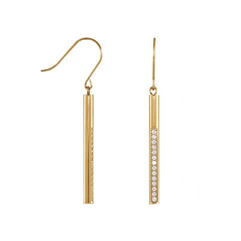 ER318G B.Tiff Pave 14-Stone Dangling Gold Plated Stainless Steel Bar Earrings